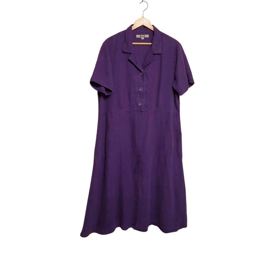FLAX 100% Linen Purple Maxi Shirt Dress Lagenlook Contemporary Maxi